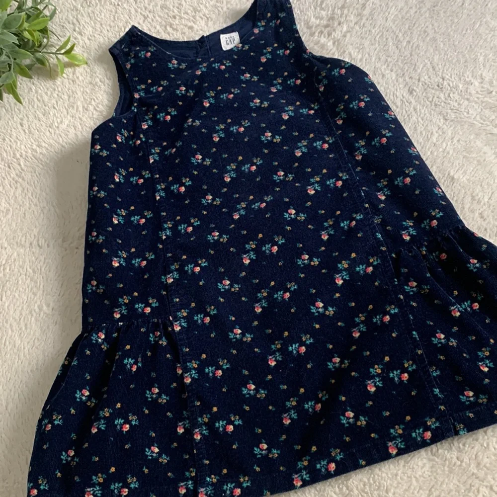 GAP Girls Navy Blue Floral Floral Jumper Dress EUC Corduroy 4